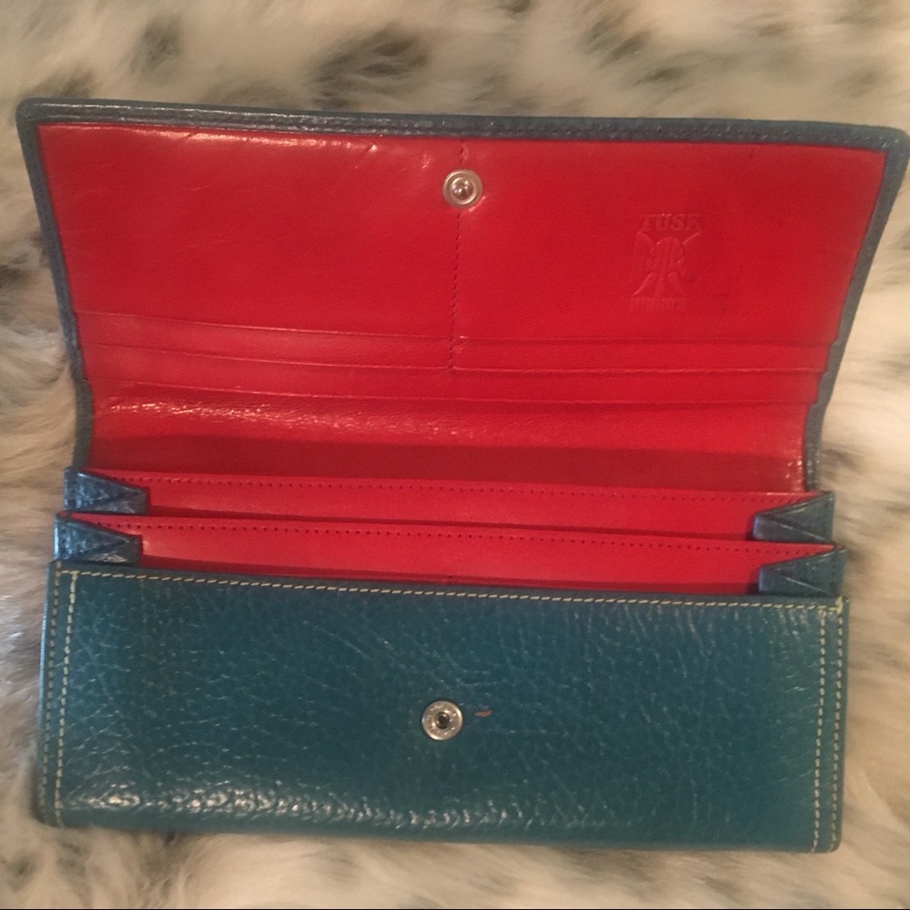 Green and red leather wallet